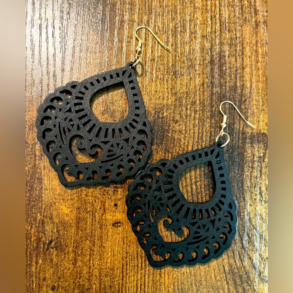 Black Vibrant Wooden Dangle Earrings
